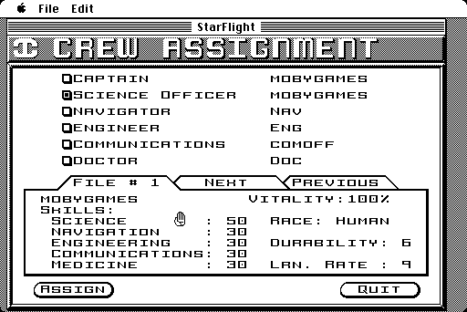 Starflight (Macintosh) screenshot: Crew assignments