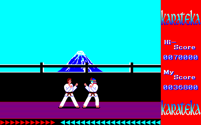 Karateka (PC-98) screenshot: Same place. Same enemy sprite. Same moves. Tougher opponent. More HP. Palette swap. See what I mean?..