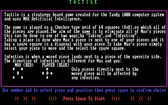 Tactile (DOS) screenshot: Title and instructions
