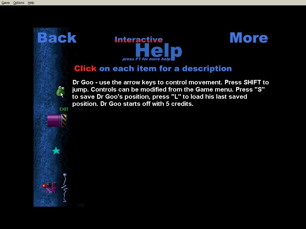 Dr Goo 3: The Rubblebum War (Windows) screenshot: In-game help<br>If the player selects 'More' from this screen the game pauses and a Notepad .txt file is opened