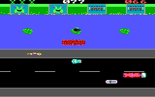Toad Road (DOS) screenshot: Waiting for that log to come back around... then waiting some more.