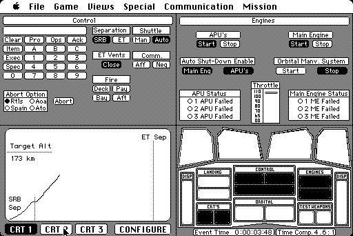 Orbiter (Macintosh) screenshot: Changing CRT's for progress of launch monitoring
