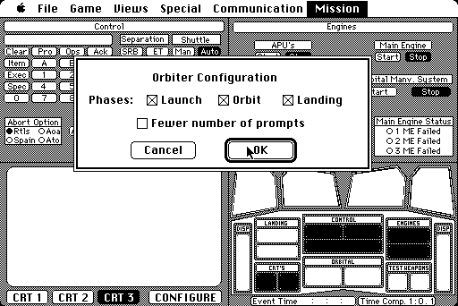 Orbiter (Macintosh) screenshot: Select phase of mission