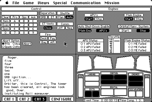 Orbiter (Macintosh) screenshot: We are on autopilot and computer launch program operational executing roll maneuver