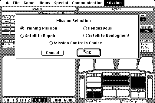 Orbiter (Macintosh) screenshot: Select type of mission