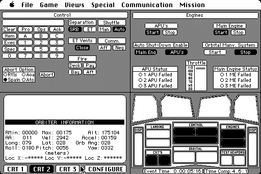 Orbiter (Macintosh) screenshot: more launch data on CRT2