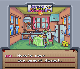 Inspector Gadget (SNES) screenshot: At the beginning of each stage, Gadget will receive a brief on his mission...which will self-destruct