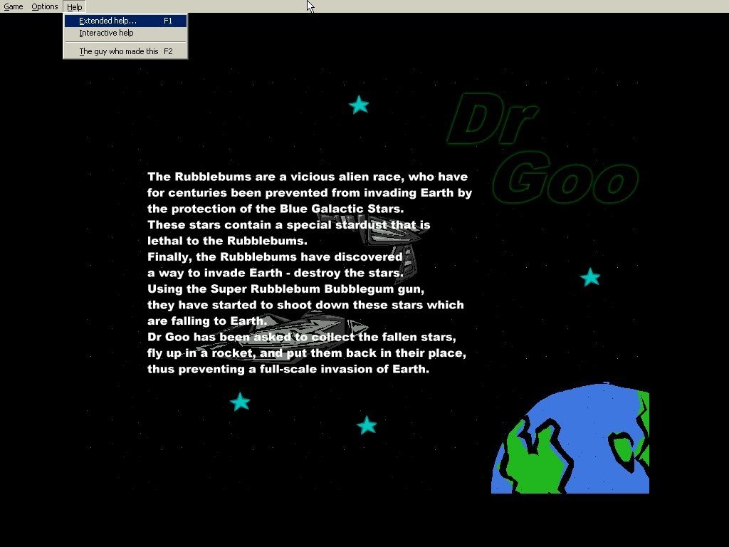 Dr Goo 3: The Rubblebum War (Windows) screenshot: The background story<br>For the first time in the series there's a menu bar