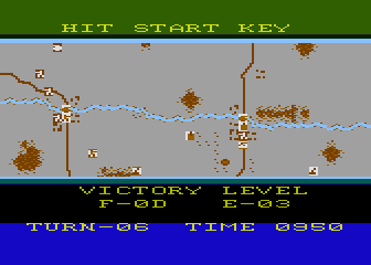 Panzer Grenadier (Atari 8-bit) screenshot: Bridge left captured but with our smallest force. Russian counter attack is building. Victory points show a good 3 to 1 ratio at half way point
