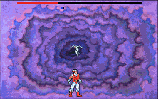 CyberGenic Ranger: Secret of the Seventh Planet (DOS) screenshot: 2nd Planet Boss - wait him to fly over you and use the salt shooter