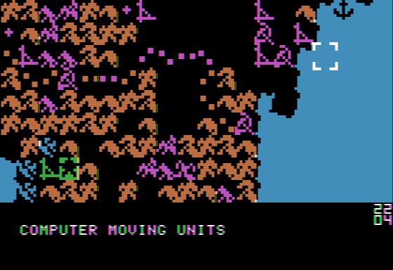 Gulf Strike (Apple II) screenshot: Single player game after ending turn allows the computer to move/place forces