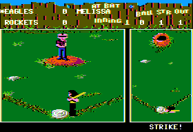 Street Sports Baseball (Apple II) screenshot: Melissa gets a strike.