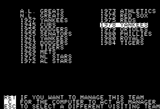 MicroLeague Baseball (Apple II) screenshot: Select your teams