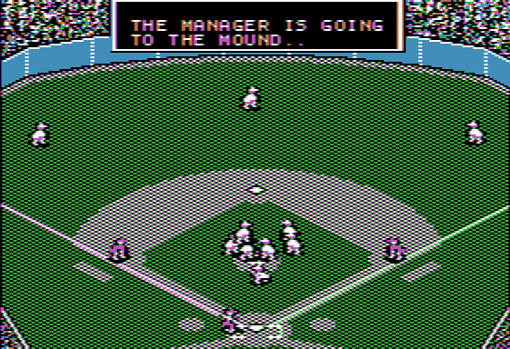 MicroLeague Baseball (Apple II) screenshot: Computer manager is out at the pitchers mound