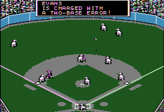 MicroLeague Baseball (Apple II) screenshot: Pop fly ball short center field allows two runners at 2nd and 3rd