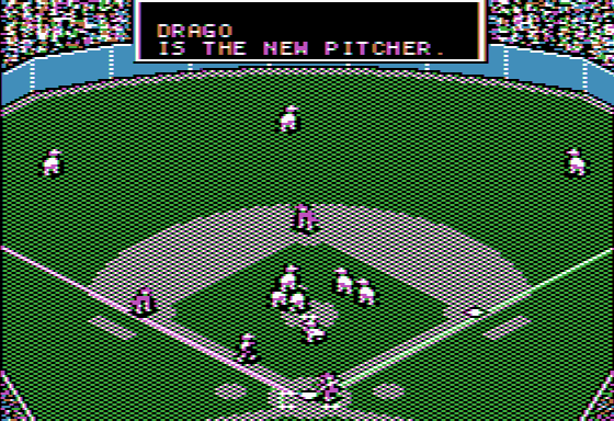 MicroLeague Baseball (Apple II) screenshot: Computer manager at the mound again replaces his pitcher