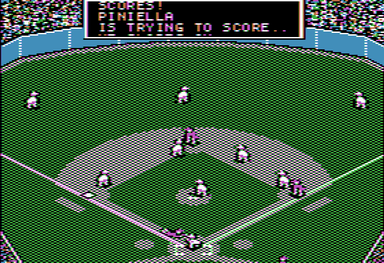 MicroLeague Baseball (Apple II) screenshot: Forcing a play sliding head first at home plate and scores!