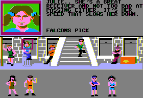 Street Sports Football (Apple II) screenshot: Julie's profile.