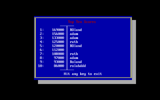 Hurdles (DOS) screenshot: The high score table