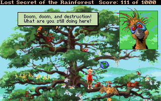 Lost Secret of the Rainforest (DOS) screenshot: Up the tree - the mad bird