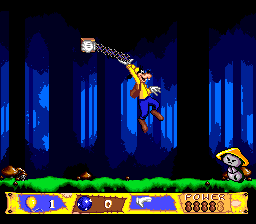 Goofy's Hysterical History Tour (Genesis) screenshot: Using the Extend-O-Glove to swing