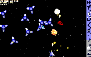 Cash Invaders (DOS) screenshot: Level 53, more rotating alien space ships