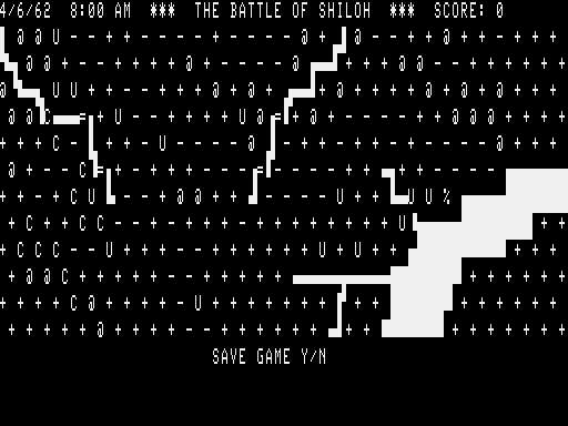 The Battle of Shiloh (TRS-80) screenshot: At the end of each turn you are allowed to save the game (each turn = 1 hour of battle)