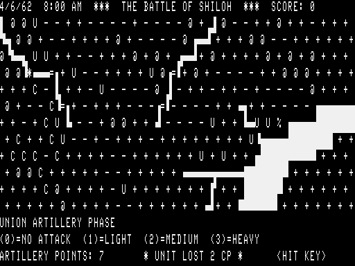 The Battle of Shiloh (TRS-80) screenshot: Union (human) artillery phase and strength of attack