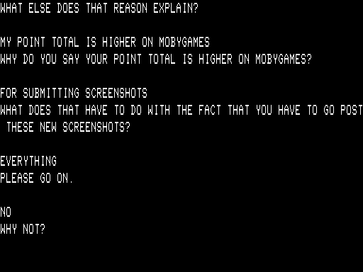 Eliza (TRS-80) screenshot: Told her for points