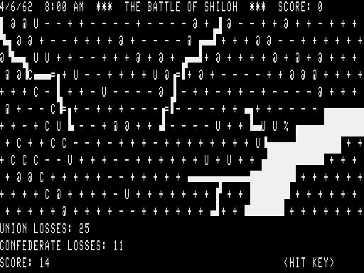 The Battle of Shiloh (TRS-80) screenshot: Current Union and Confederate losses and score