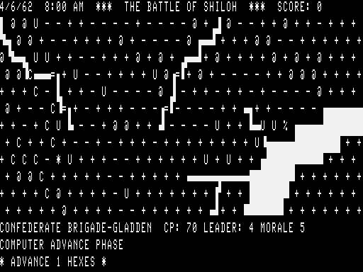 The Battle of Shiloh (TRS-80) screenshot: Computer movement from battle outcome