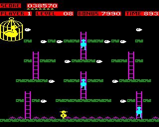 Chuckie Egg (BBC Micro) screenshot: Level 8 has eggs that can only be collected by falling off the edges of the platforms. Get it wrong and you'll fall all the way to the bottom.