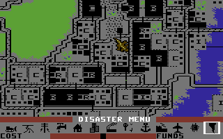 SimCity (Commodore 64) screenshot: Godzilla is attacking the city!