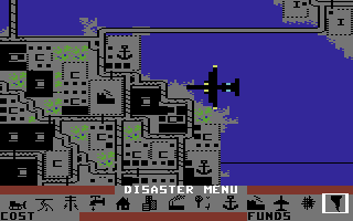 SimCity (Commodore 64) screenshot: Airplane flying over the city.