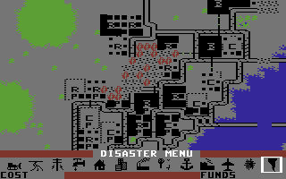 SimCity (Commodore 64) screenshot: A fire has broken out!