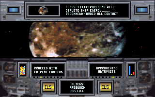 CyberGenic Ranger: Secret of the Seventh Planet (DOS) screenshot: Approaching Antrymite - The 1st Planet