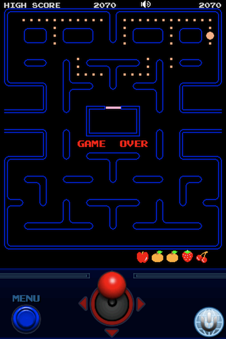 Pac-Man (iPhone) screenshot: The ghosts get the win this time.