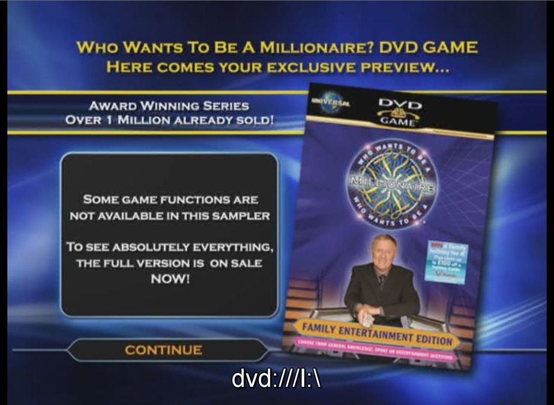 Who Wants To Be A Millionaire: Family Entertainment Edition (DVD Player) screenshot: The game demo that was available on The News of the World's 'Biggest Christmas DVD Giveaway EVER!' (2006) was functionally limited