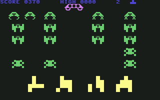 Space Invaders (Commodore 64) screenshot: The spaceship with the unknown point bonus appears.