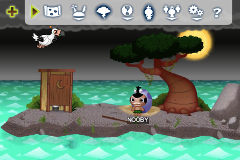 Pocket God (iPhone) screenshot: Nooby explores an twilight moment.