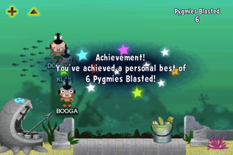 Pocket God (iPhone) screenshot: Achievements are in game, in this case, shooting pygmies.