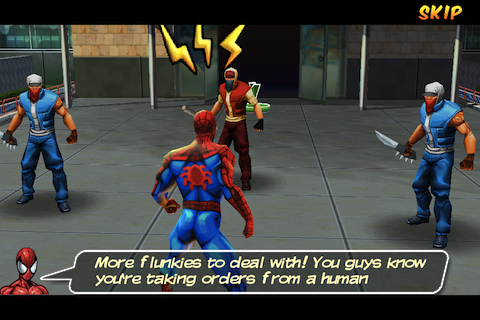 Spider-Man: Total Mayhem (iPhone) screenshot: Spider-Man and his many jokes.