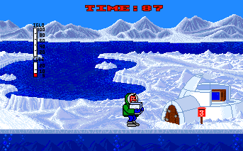 Eskimo Games (Amiga) screenshot: Carrying a block of ice to your igloo.