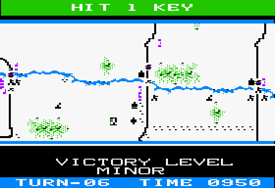 Panzer Grenadier (Apple II) screenshot: Half way mark and we have all 3 bridges and victory level changes. Now getting ready for counter attacks