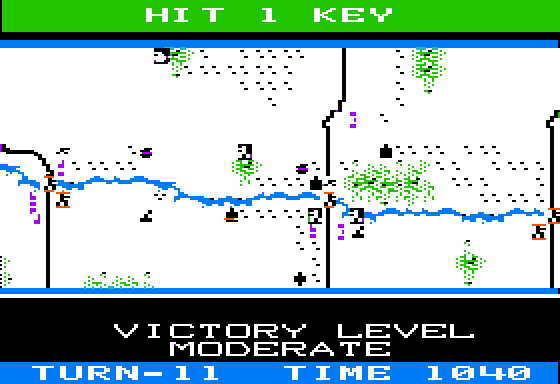 Panzer Grenadier (Apple II) screenshot: Victory level moving up as we still control all bridges and finish off the counter attack.