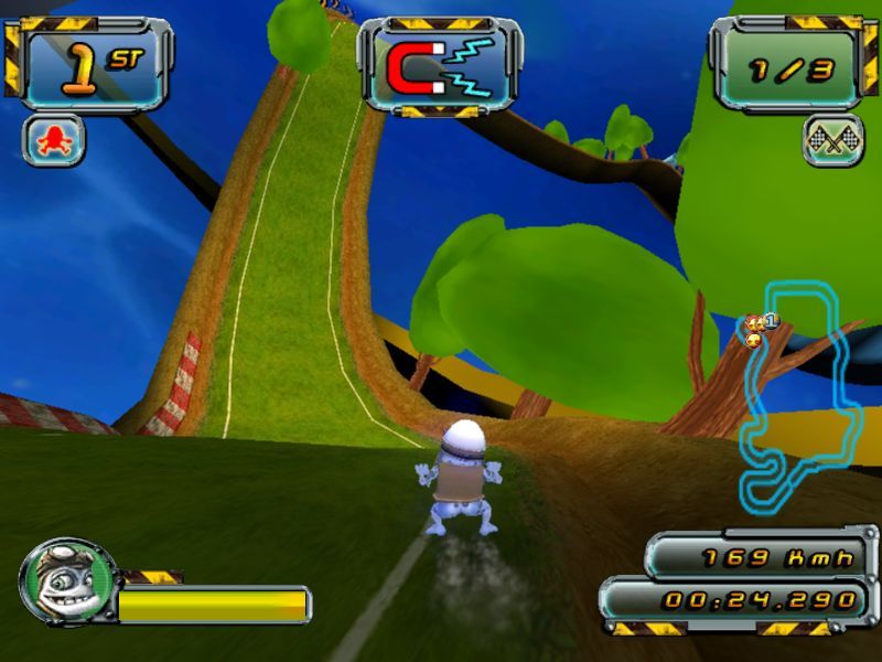 Crazy Frog Arcade Racer (Windows) screenshot: The second race in The Football Cup is in space<br>This shows how looping the track is