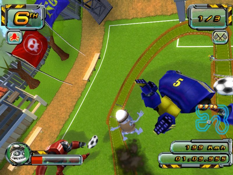 Crazy Frog Arcade Racer (Windows) screenshot: The first Championship Race in The Football Cup<br>It's almost impossible to come off the course, at least on the easy setting, apart from the big leaps such as this where it is all too easy