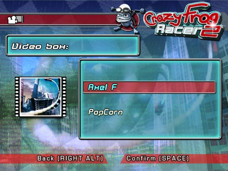 Crazy Frog Arcade Racer (Windows) screenshot: The Video Box Option on the main menu opens this sub menu. Each option plays a full length animated music video