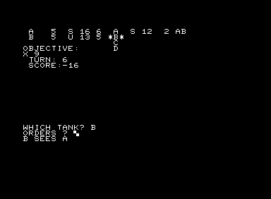 Tanktics (Commodore PET/CBM) screenshot: Doing an L command validates my tank B can see computer tank A 'B SEES A'