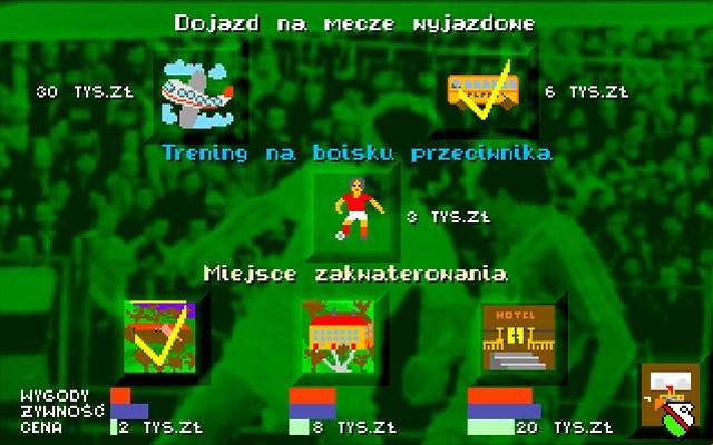 Liga Polska Manager '95 (DOS) screenshot: Type of Transportation, Accommodation